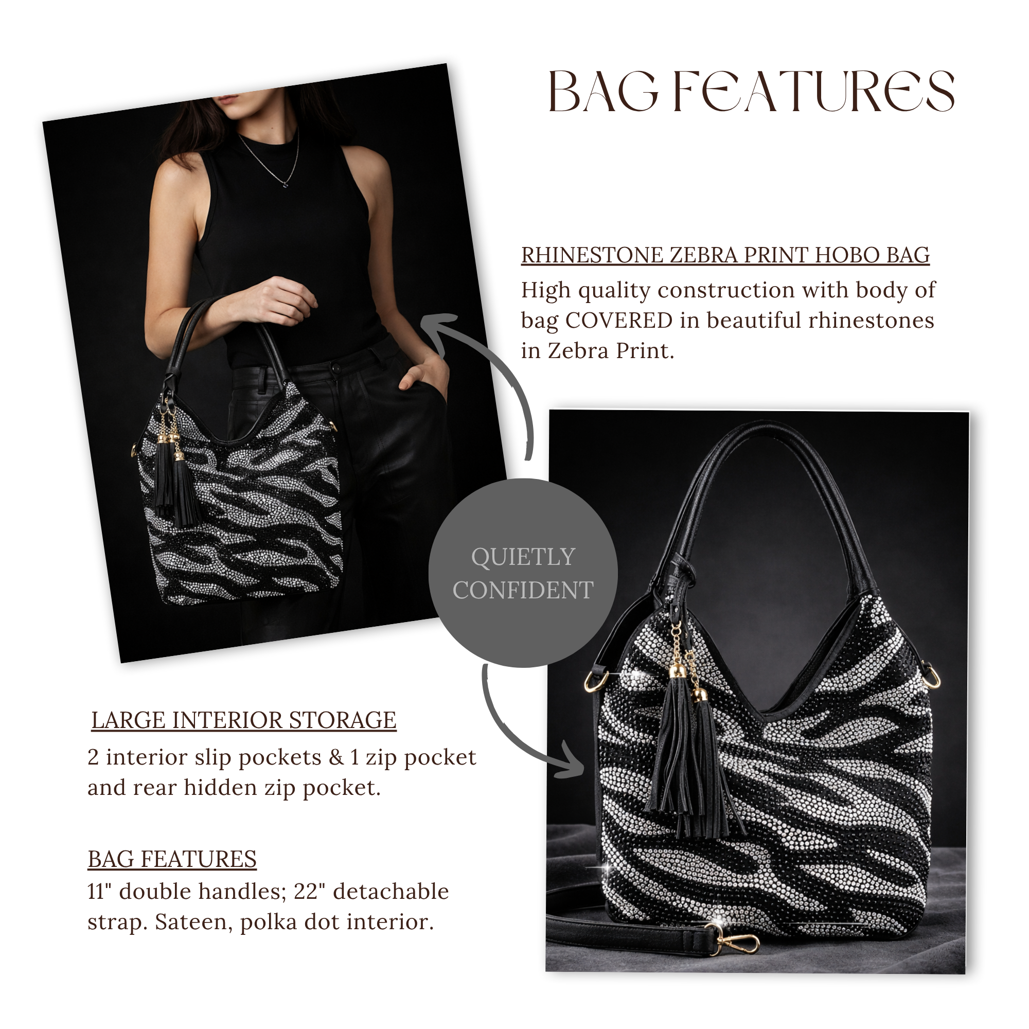 Zebra Rhinestone Pattern Shoulder Bag - Black