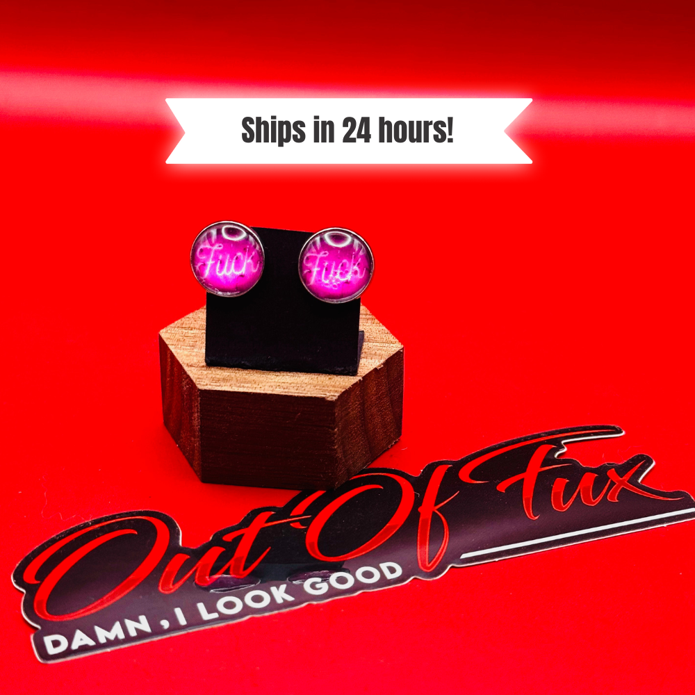 womens hot purple pink neon sign FUCK earring stud hypoallergenic surgical grade stainless steel studs