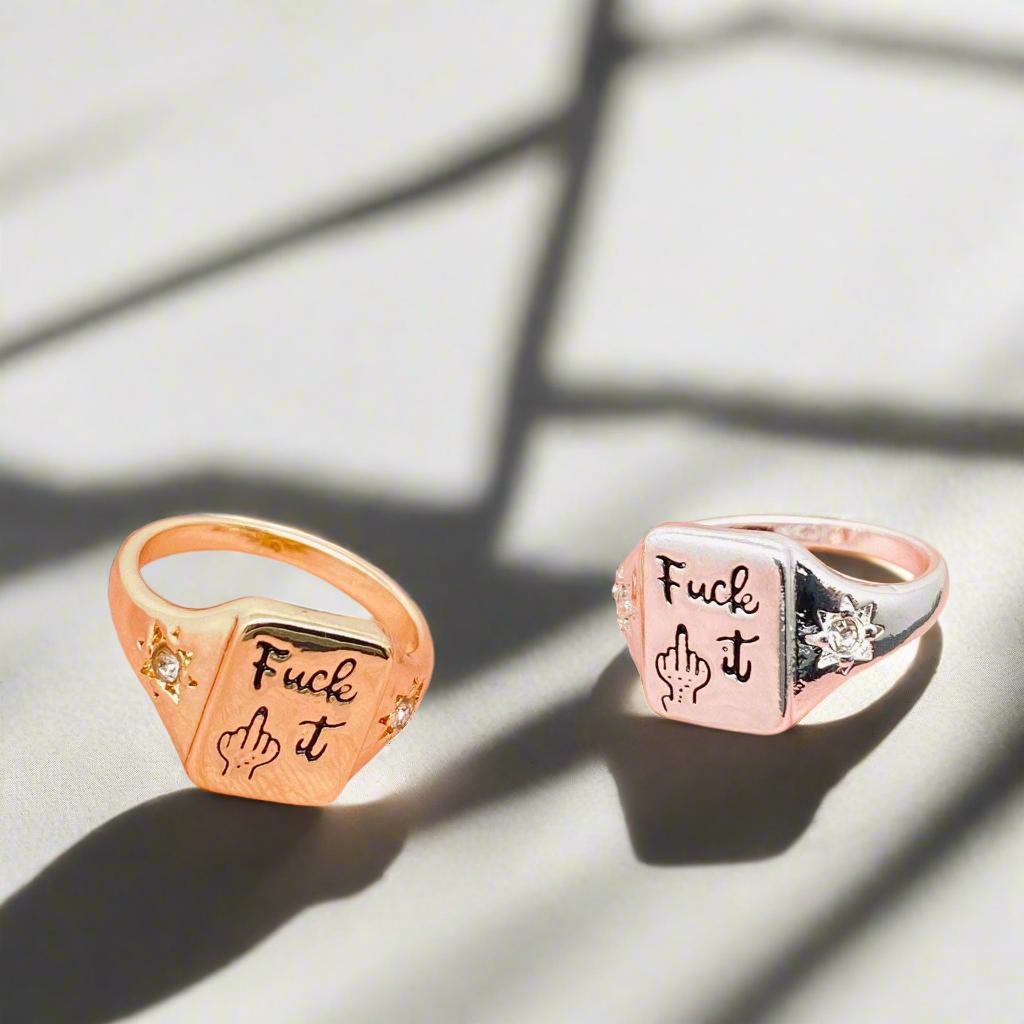 fuck it cursive ring for men women unisex small cubic zirconia middle finger ring band swear words cuss words subtle slightly inappropriate fuck it cursive ring band star CZ ring jewelry for her fashion jewelry rings for women womens rings womens bands fashion ring jewelry ring costume jewelry cheap jewelry slut rings slut jewelry bad mama jewelry rings gifts for her bachelorette gift gag gift funny gift white elephant unique edgy inappropriate biker woman motorcycle female rider rebellious