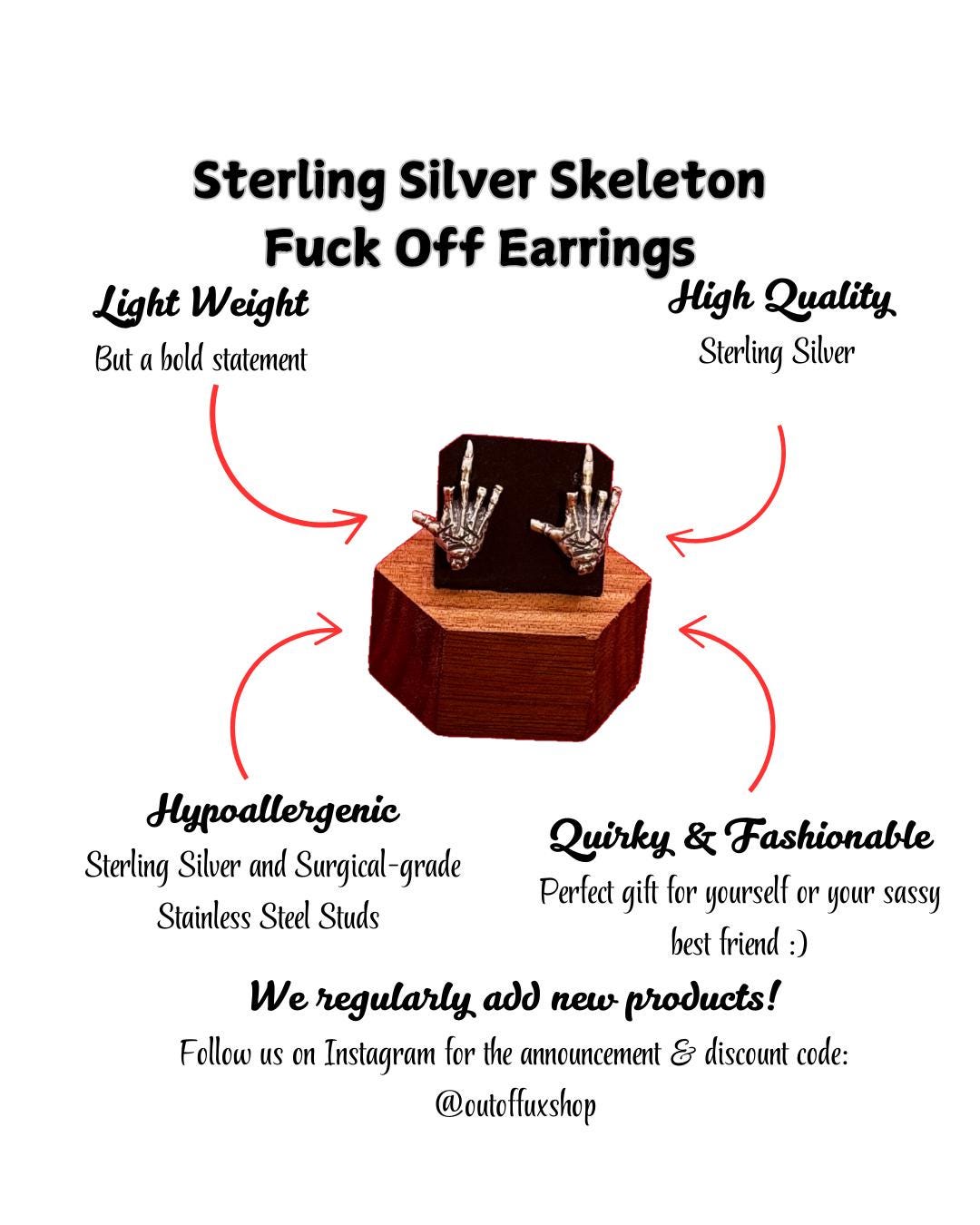 sterling silver skeleton skull hand stud earrings hypoallergenic fuck you flipping off funny sassy profanity high quality free shipping playful unique traditional jewelry intricate detailing edgy skull bones bold touch make a statement individuality hypoallergenic sterling silver high quality handmade punk gothic jewelry rebellious accessories alternative fashion statement earrings bold jewelry unique earrings sterling silver earrings sassy stud earrings bold statement jewelry
