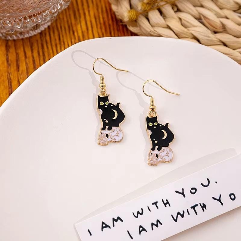 Black Cat Earrings: Halloween Goth Jewelry, Spooky Feline Gift