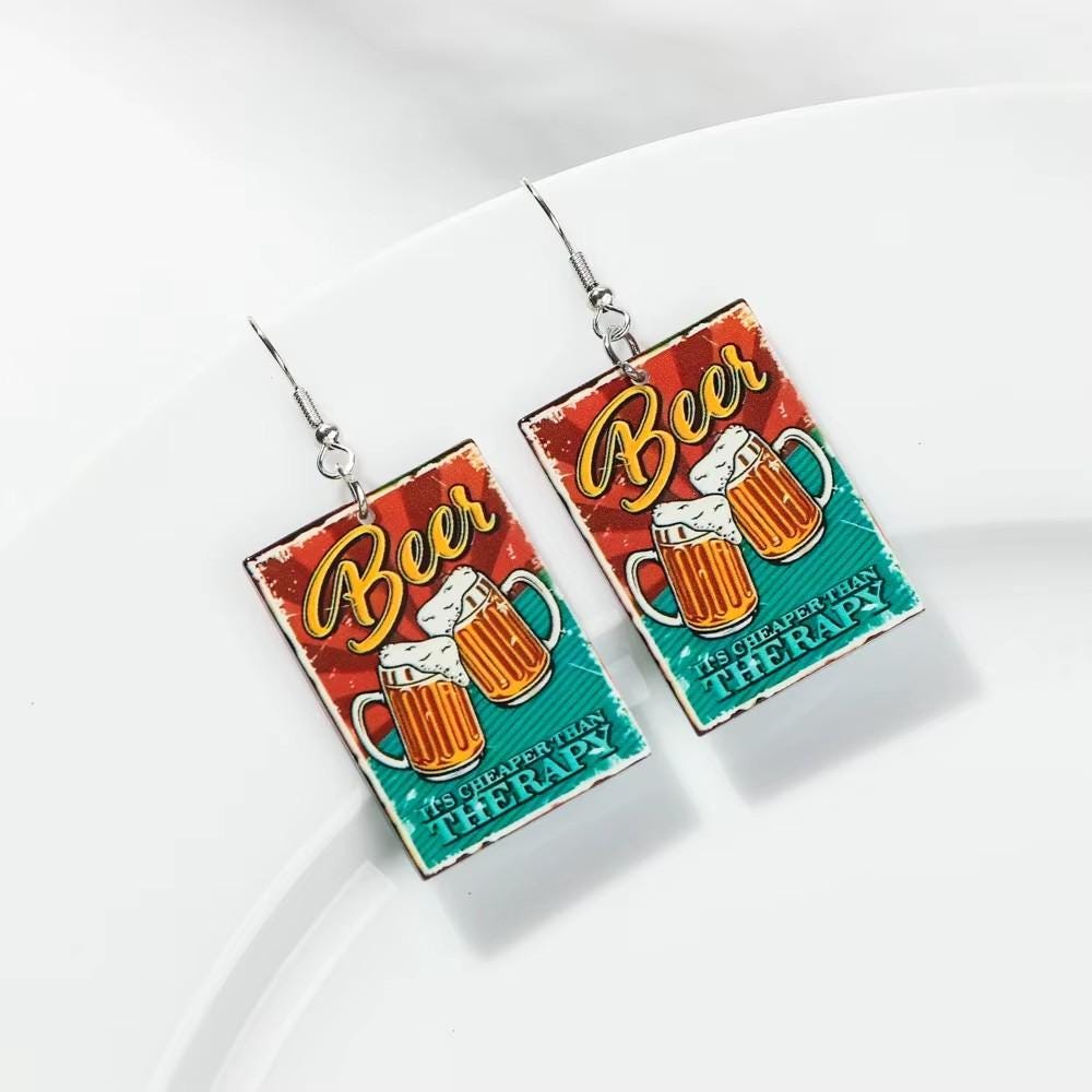 Funny Beer Earrings for Women Craft Jewelry Aluminum Hook Drink Accessory Pub Sign Acrylic Piece Festival Gift Brewery Charm Steel Hook
