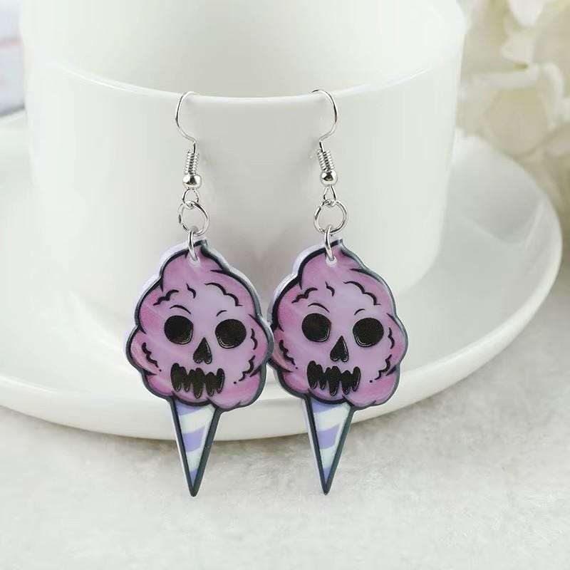 Creepy Cute Earrings Gothic Punk Collection Pink Skull Ice Cream Design Bloody Axe Pistol Motifs Alternative Fashion Accessories Wednesday Addams Style Statement Pieces Halloween Gothic Essential Modern Dark Aesthetic Double Sided Acrylic
