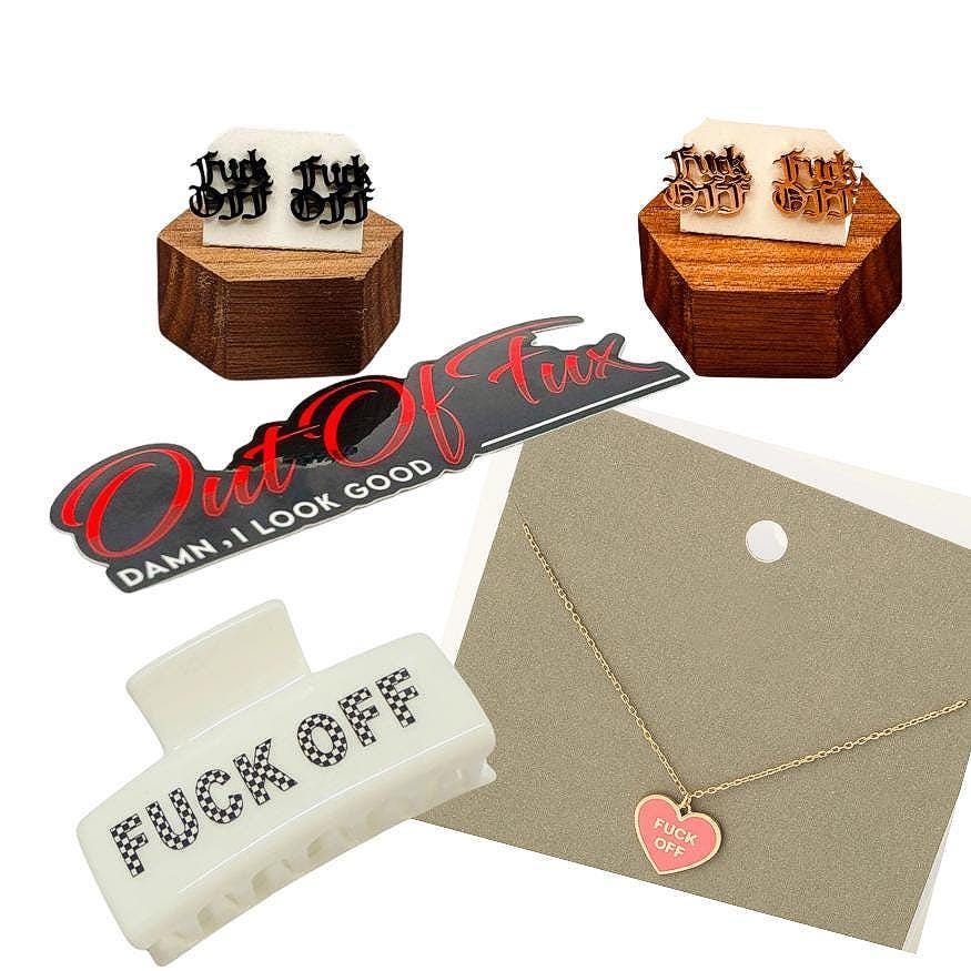 Fuck Off Bundle - 90s Hair Clip Fuck Off Heart Pendant Necklace and Fuck Off Script Earrings - Lots of Choices Bundled Savings Free Shipping
