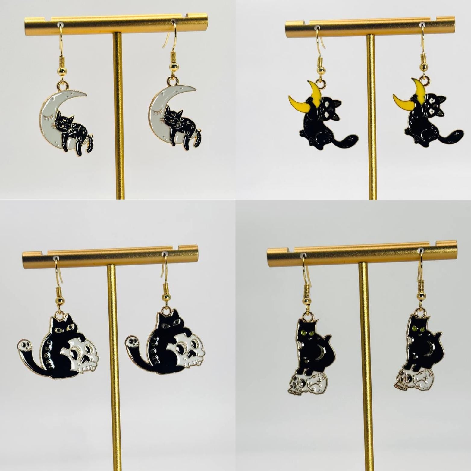 Black Cat Earrings: Halloween Goth Jewelry, Spooky Feline Gift