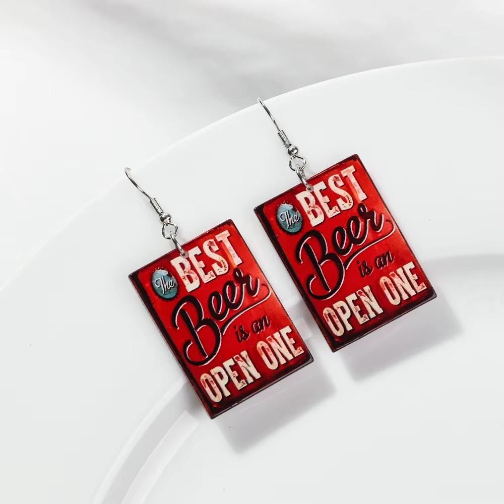 Funny Beer Earrings for Women Craft Jewelry Aluminum Hook Drink Accessory Pub Sign Acrylic Piece Festival Gift Brewery Charm Steel Hook