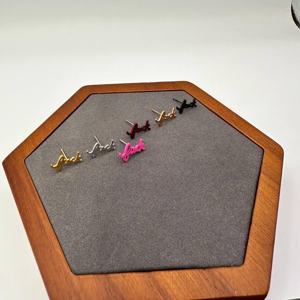 Dainty Fuck Cursive Pink Stud Script Earrings - Minimalist Stud Swear Word Jewelry Gift for Women - On Sale with Free Shipping