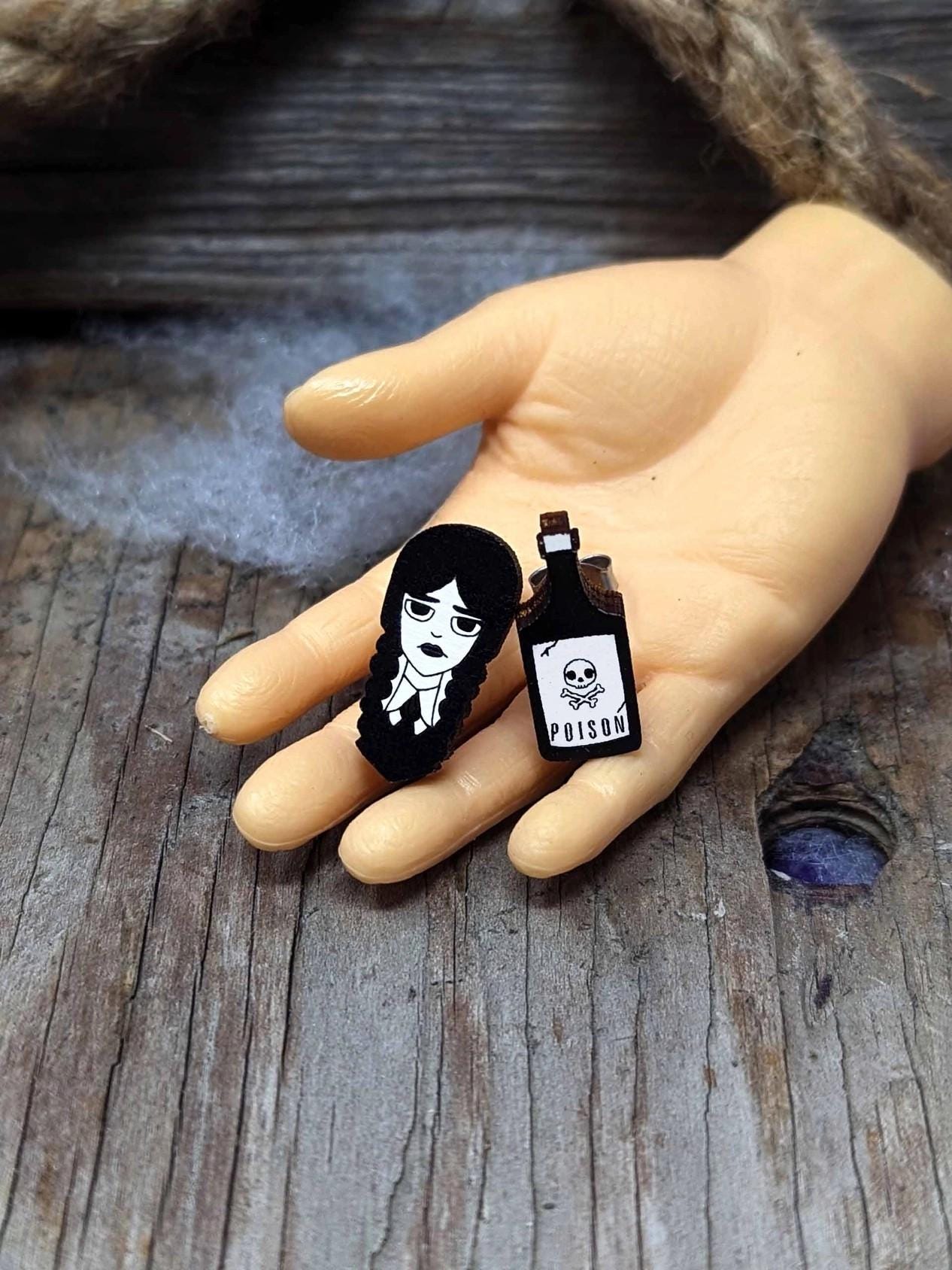 Wednesday Addams Earrings: Black Skull Poison Bottle, Gothic Spooky Jewelry