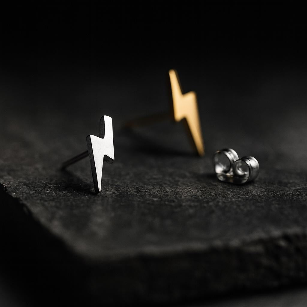 Gold or Silver Lightning Bolt Stud Earrings: Hypoallergenic Everyday Jewelry for Biker Women