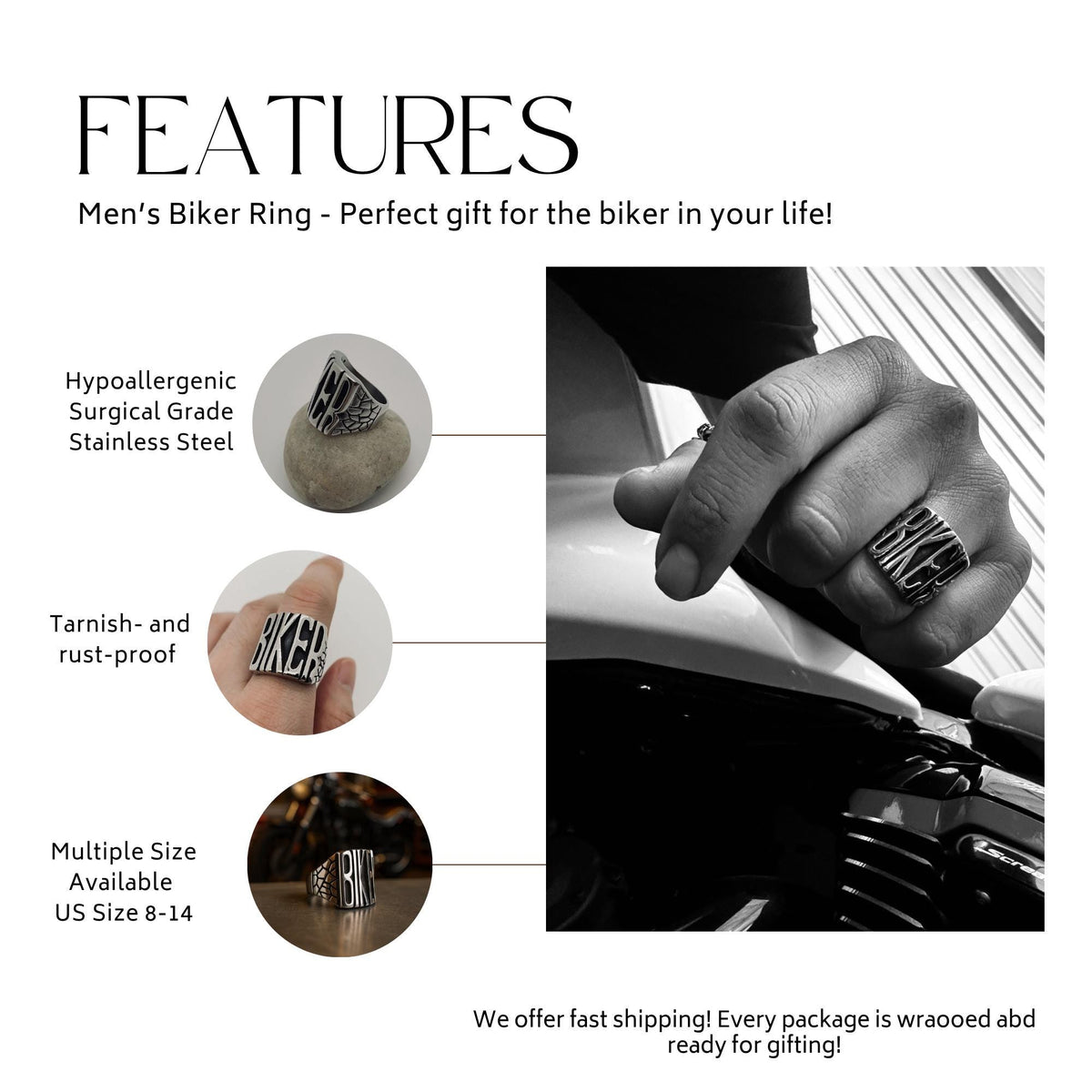 Stainless Steel Biker Ring: Motorcycle Club Style Jewelry for Men