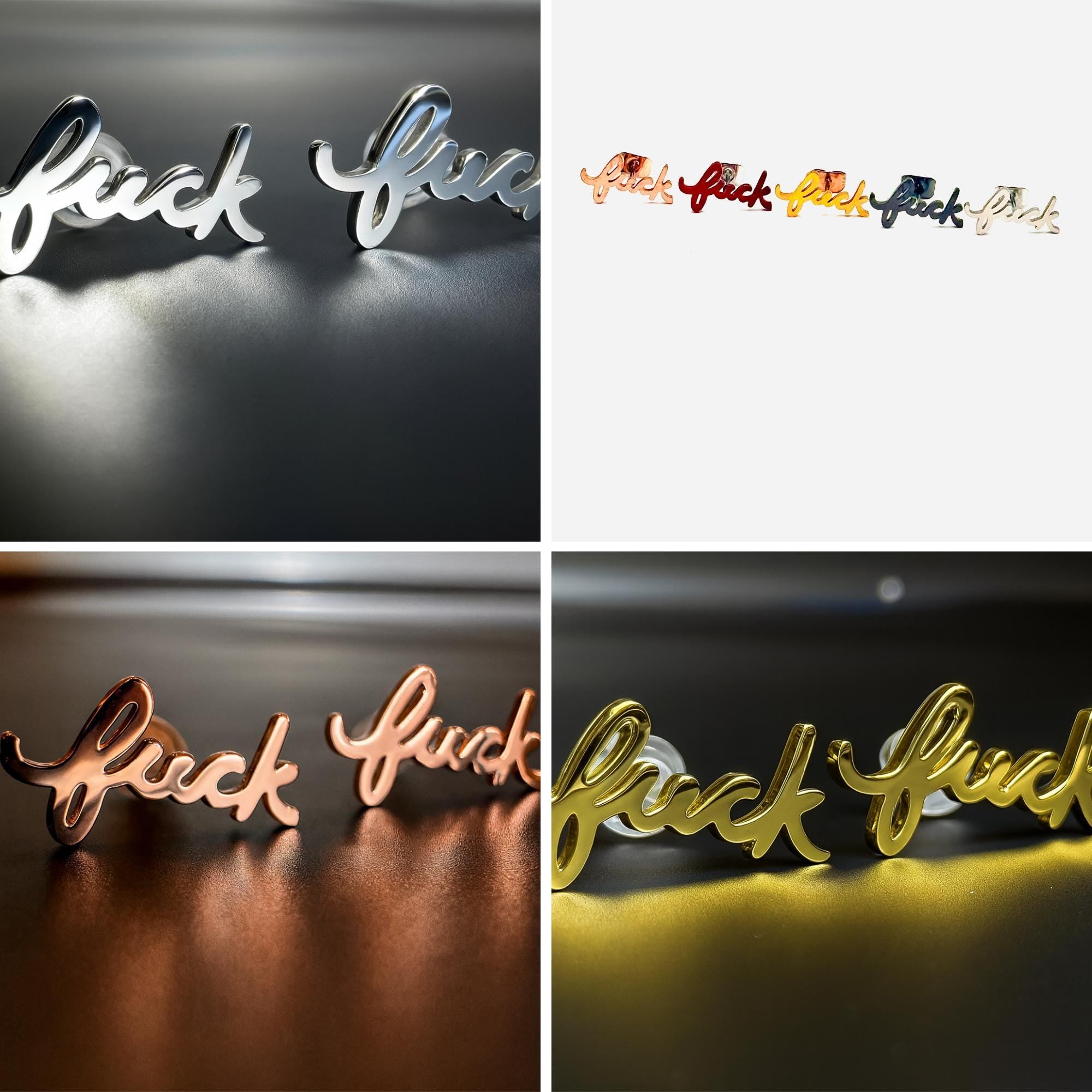 Cursive Fuck Stud Earrings Pair: Dainty Feminist Jewelry in Gold, Silver, Black