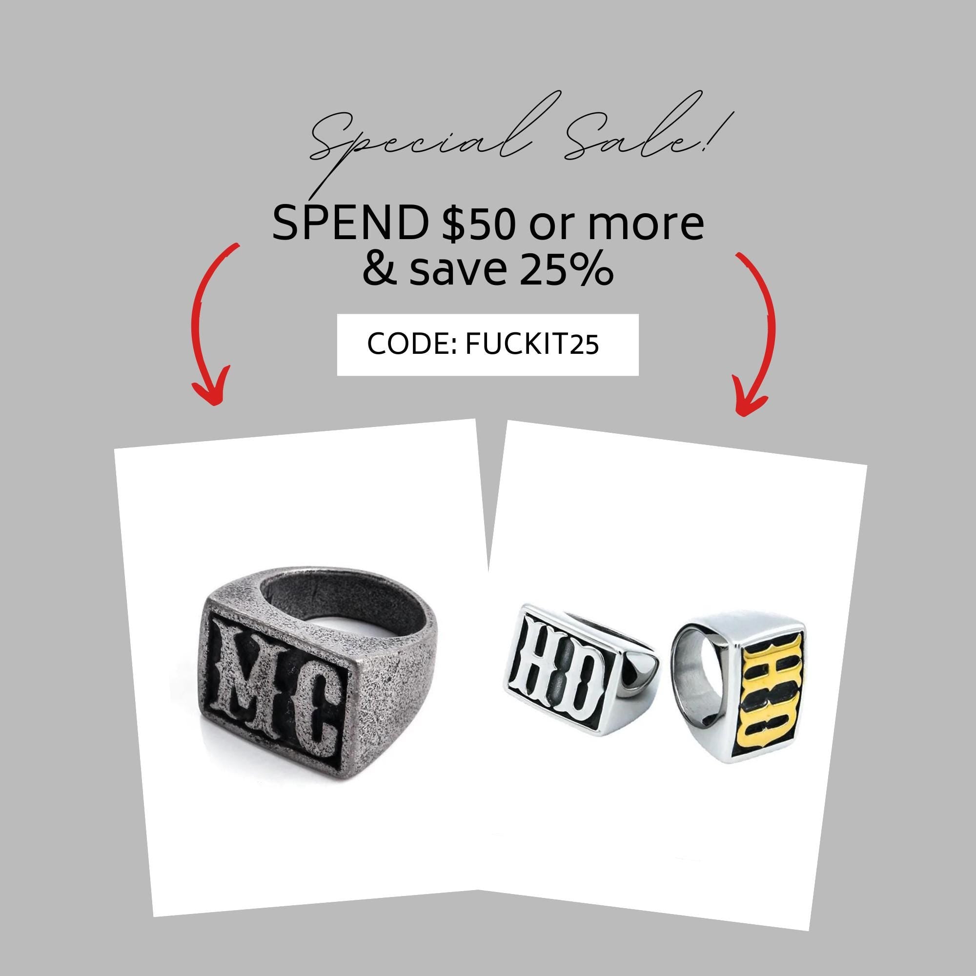 HD or MC Stainless Steel Biker Ring in Gold or Silver Finish