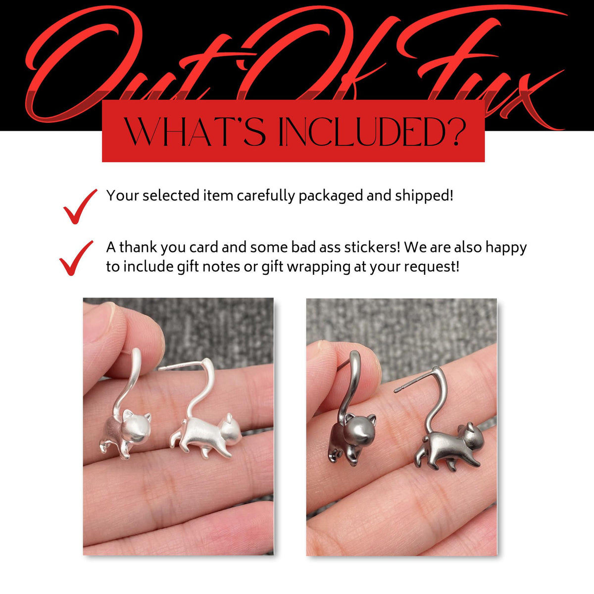 Silver Cat Stud Earrings: Wrap Tail Design in Gunmetal or Silver Finish
