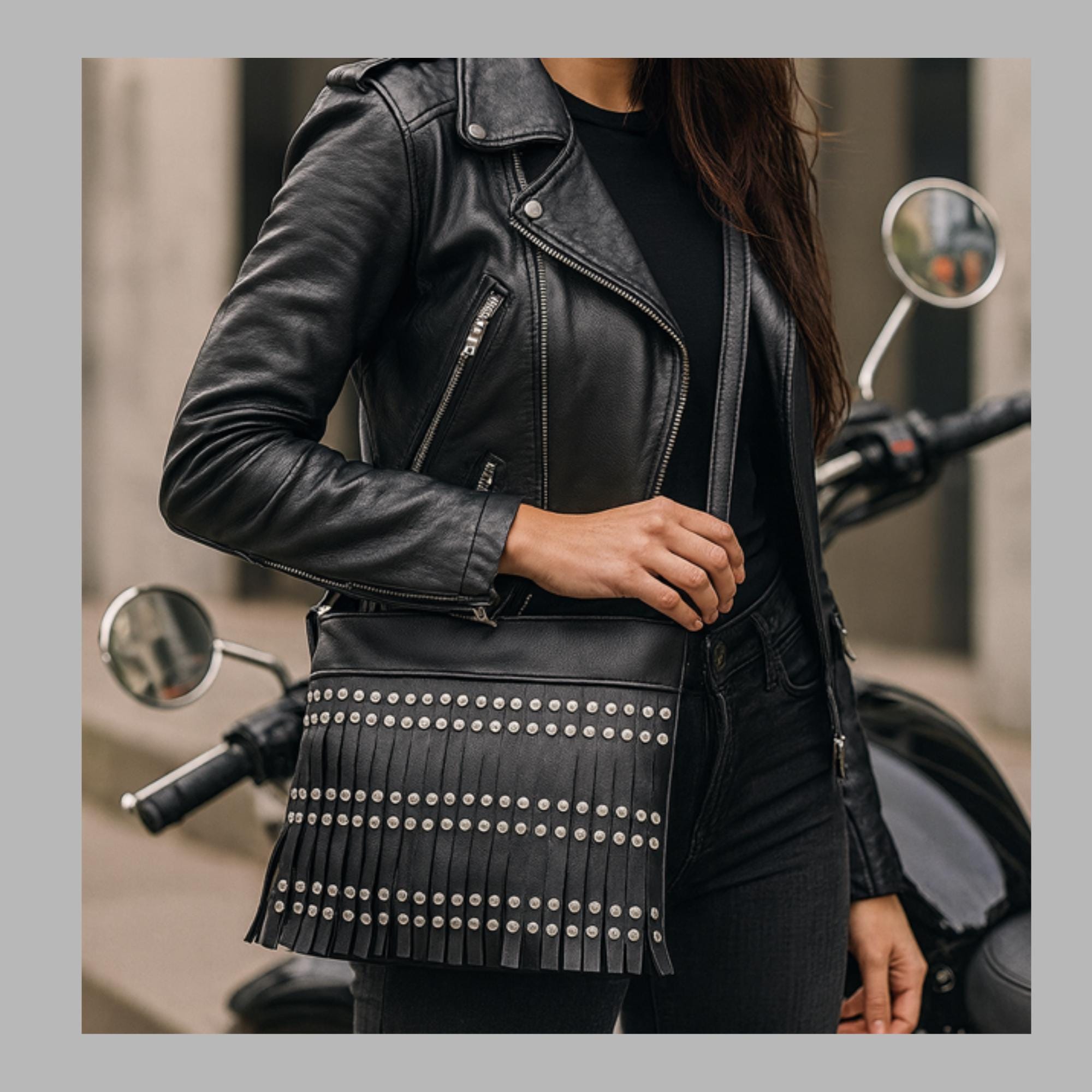 Black Leather Fringe Crossbody: Studded Rocker Boho Statement Bag