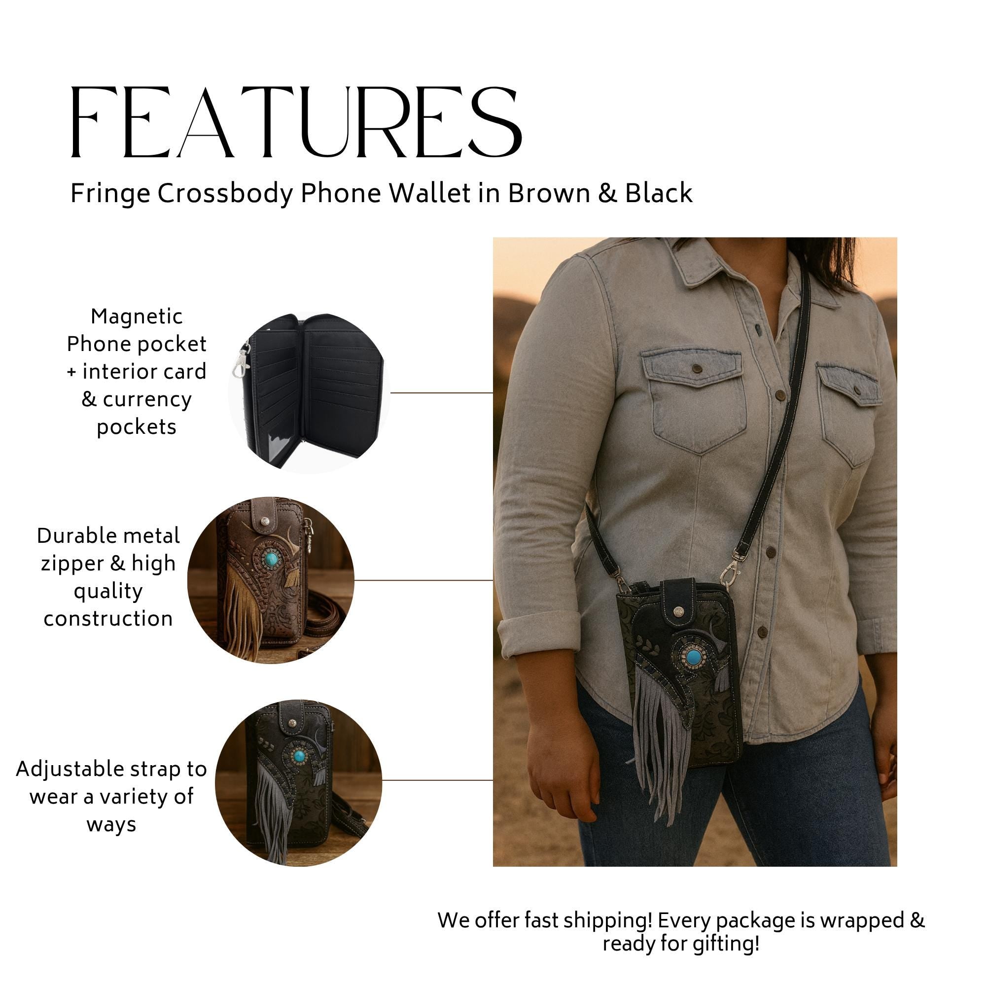 Western Tooled Leather Crossbody Wallet with Fringe and Turquoise Detail