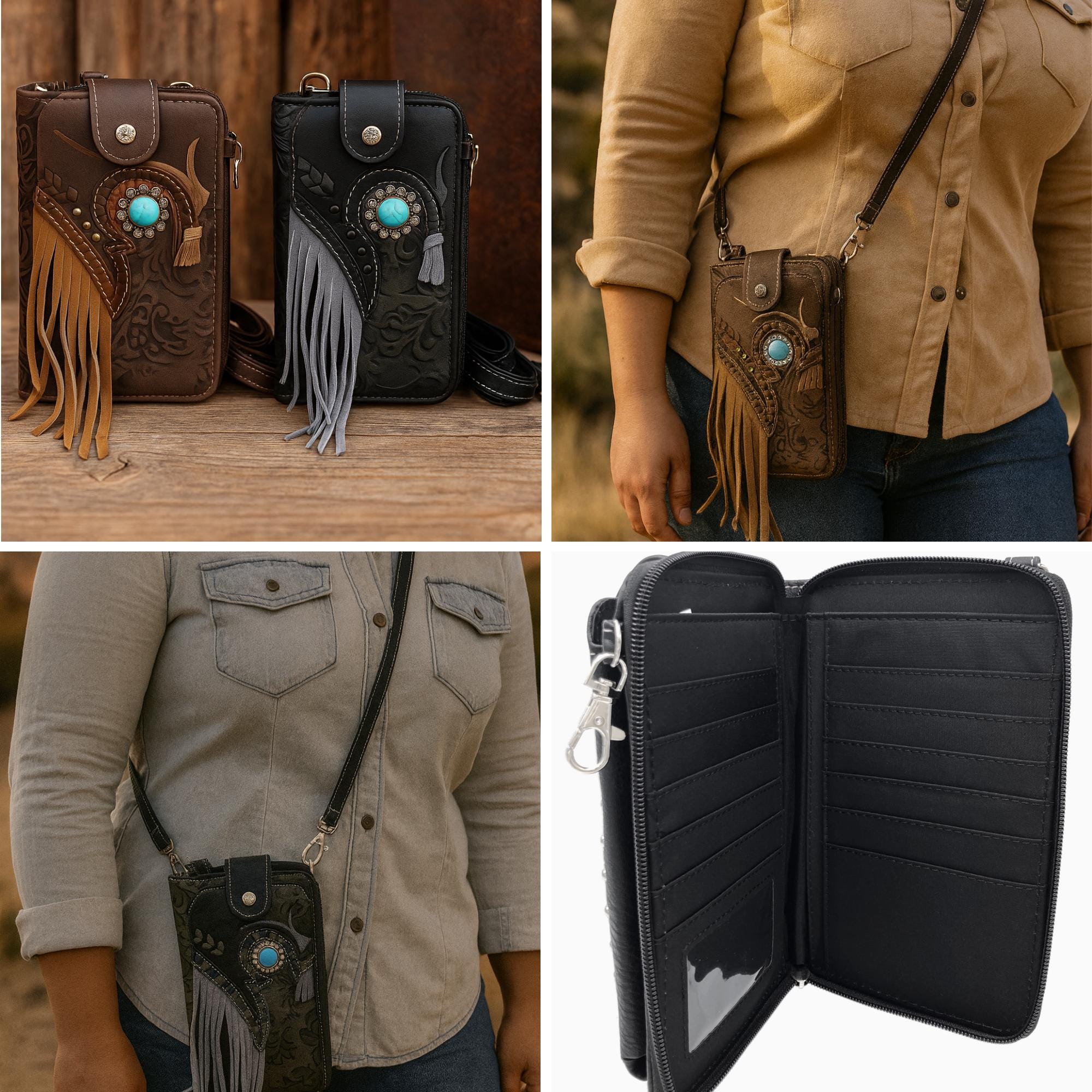 Western Tooled Leather Crossbody Wallet with Fringe and Turquoise Detail