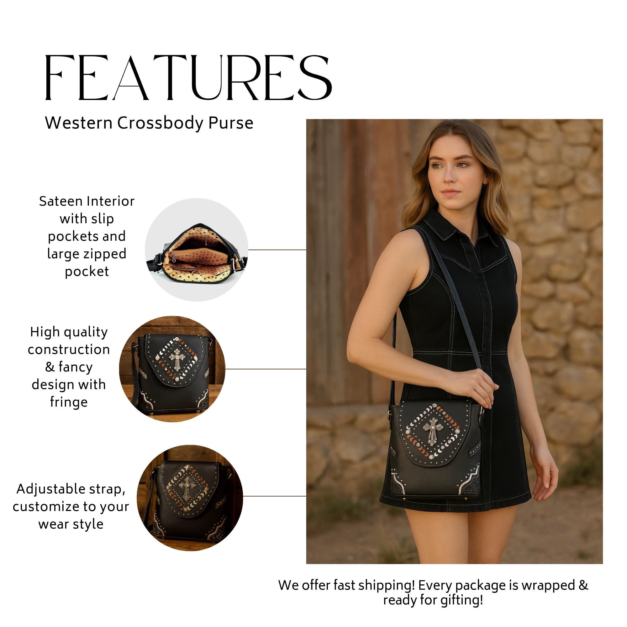 Western Crossbody Purse: Faux Leather Cowgirl Bag with Cross and Studs
