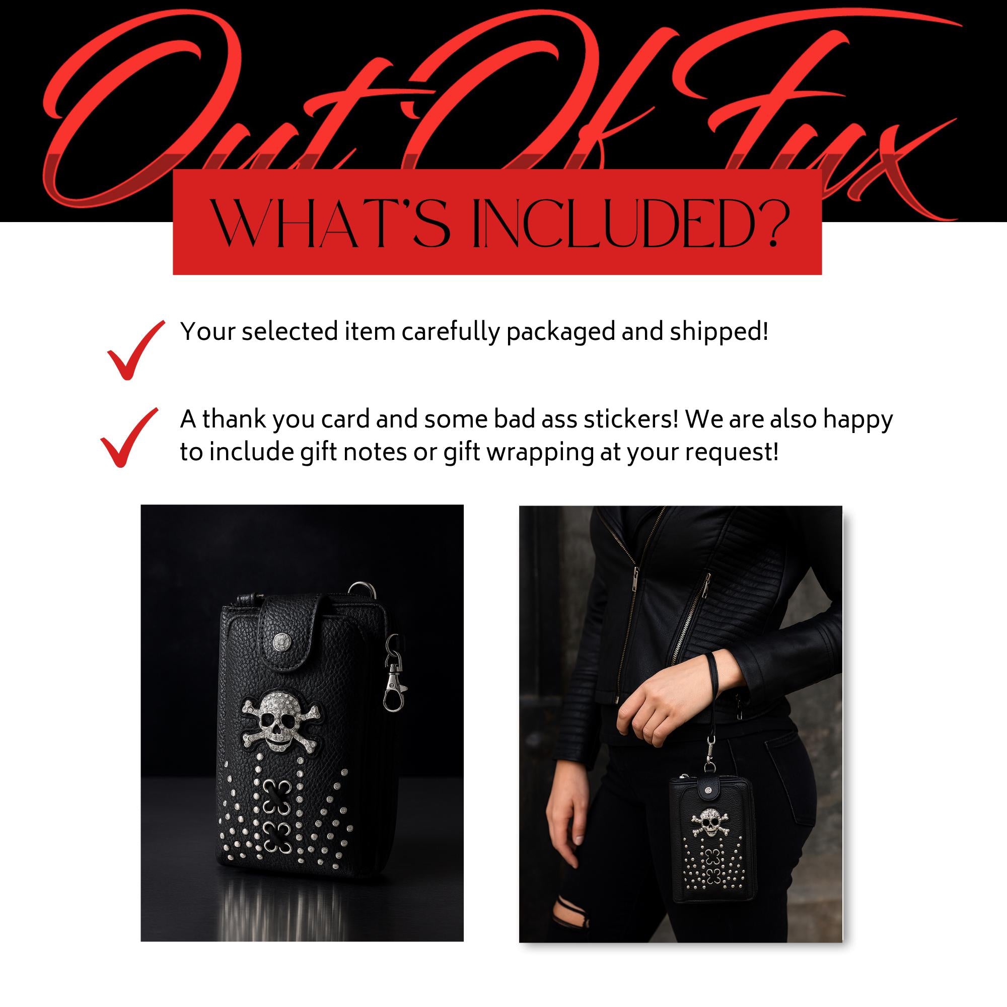 Leather Skull Crossbody Wallet: Goth Biker Purse with Rhinestones and Studs