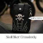Leather Skull Crossbody Wallet: Goth Biker Purse with Rhinestones and Studs