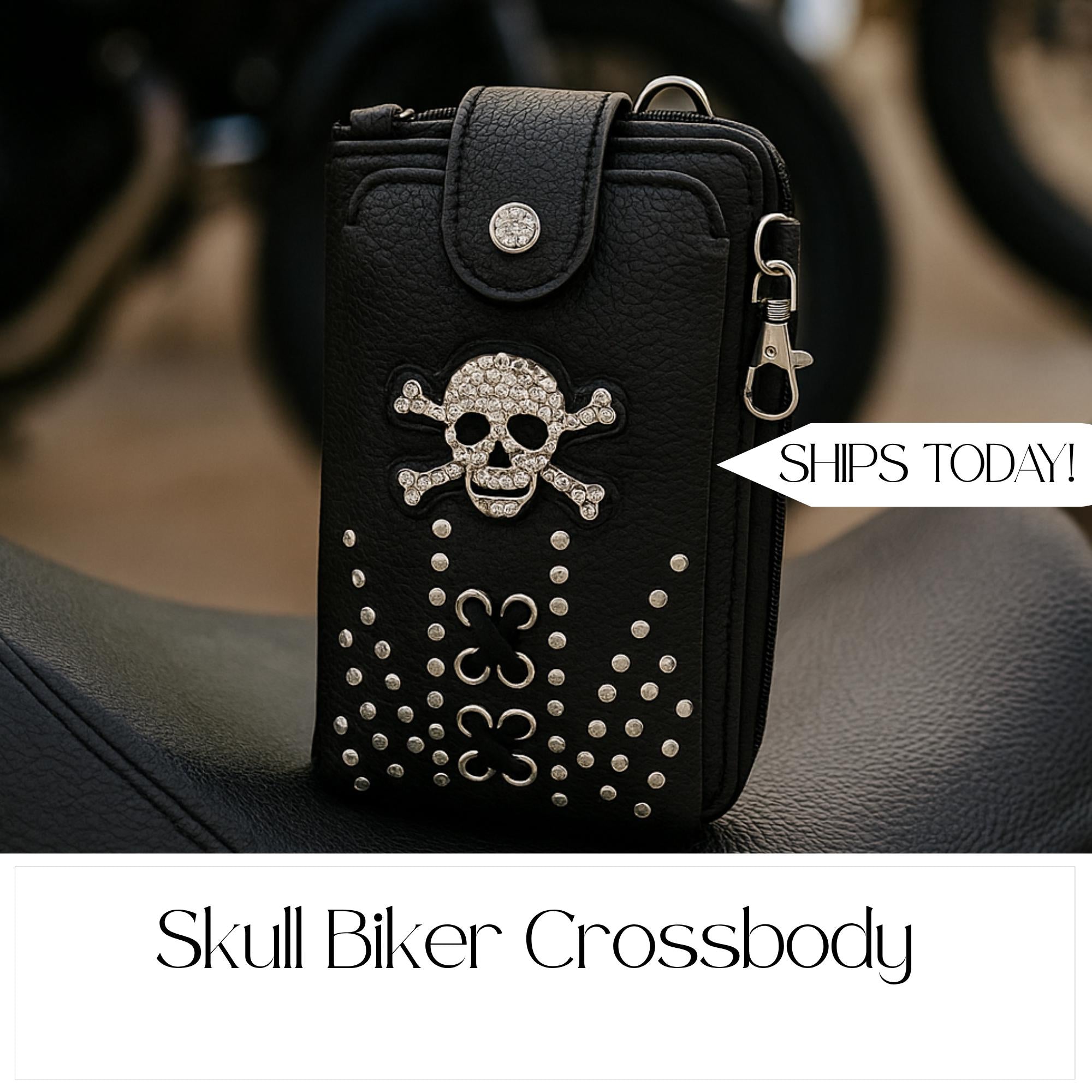 Leather Skull Crossbody Wallet: Goth Biker Purse with Rhinestones and Studs