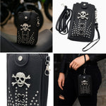 Leather Skull Crossbody Wallet: Goth Biker Purse with Rhinestones and Studs
