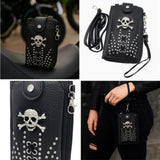 Leather Skull Crossbody Wallet: Goth Biker Purse with Rhinestones and Studs