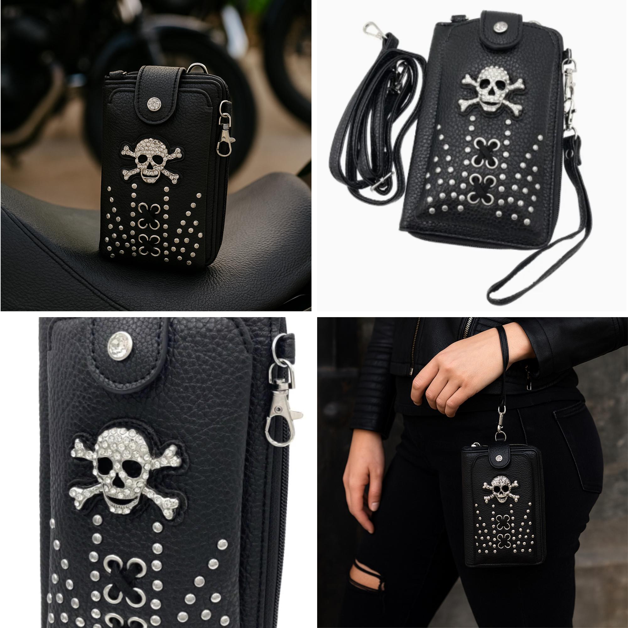 Leather Skull Crossbody Wallet: Goth Biker Purse with Rhinestones and Studs