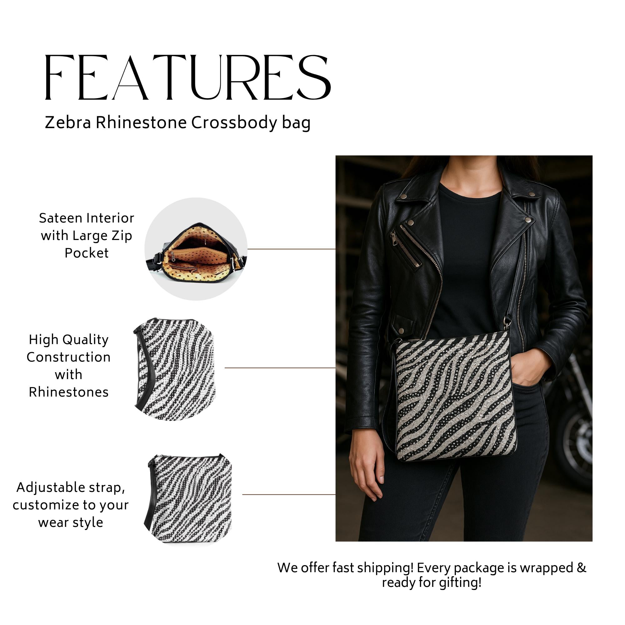 Rhinestone Zebra Crossbody: Faux Leather Chain Purse for Women