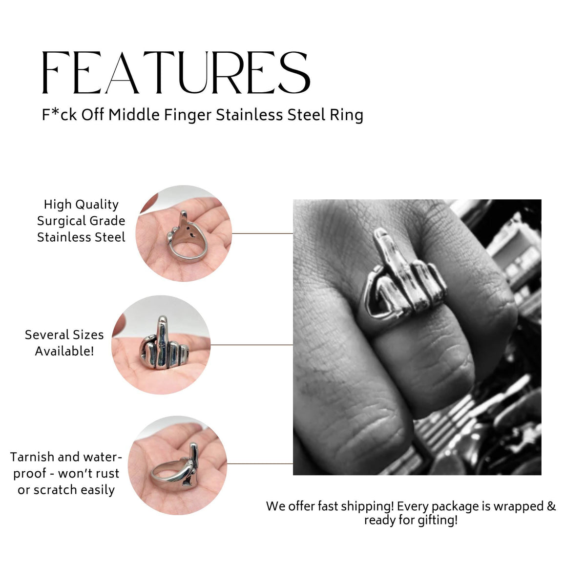 Fuck Off Middle Finger 316L Stainless Steel Statement Ring, Unisex Biker Ring, Alternative Gothic Jewelry, Rude Funny Gift