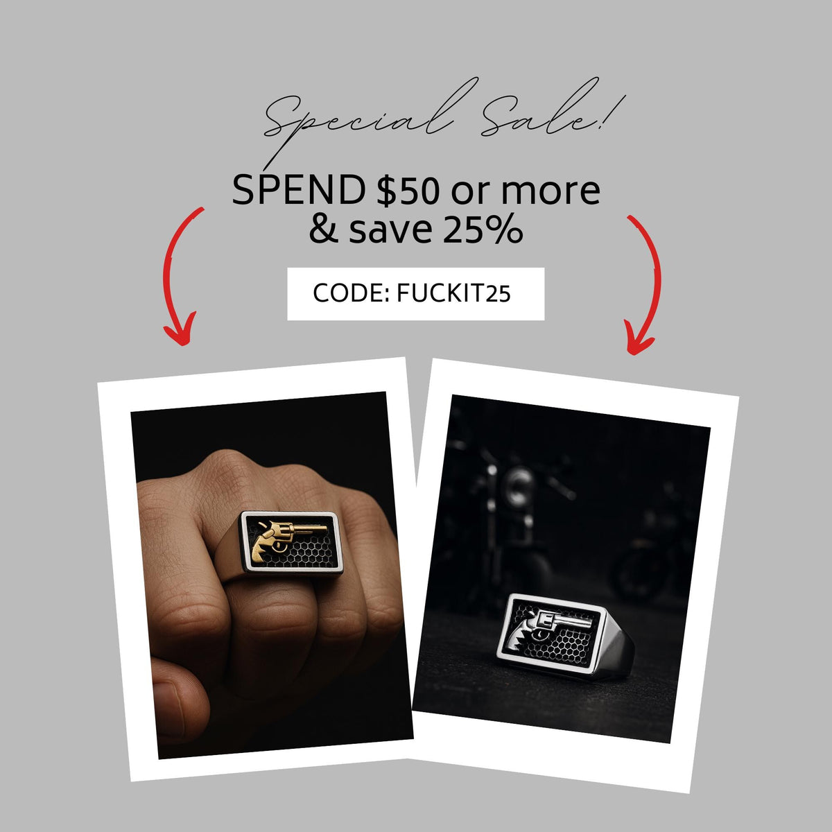 Men’s Biker Revolver Ring: Stainless Steel Gold or Silver Gun Design