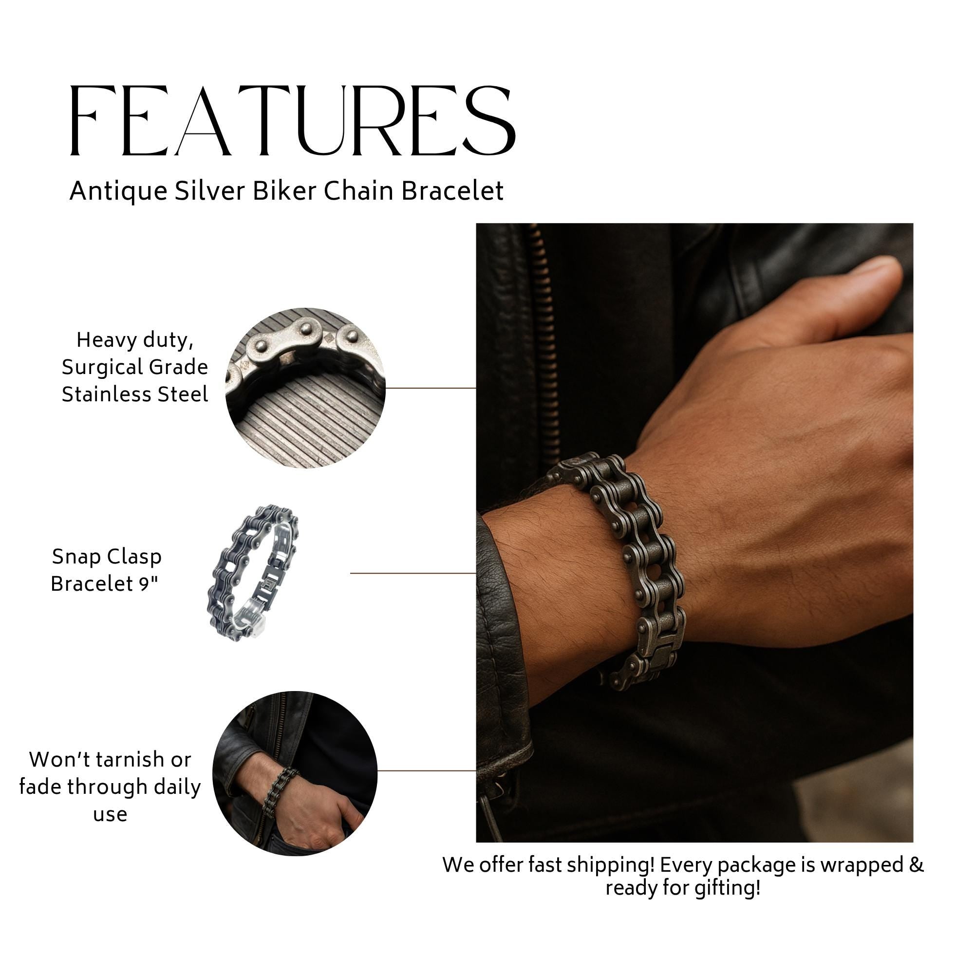 Antique Silver Biker Chain Bracelet: Rugged Gift for Men