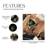 Stainless Steel Biker Skull Ring with 18K Gold Detail, Men’s Statement Ring