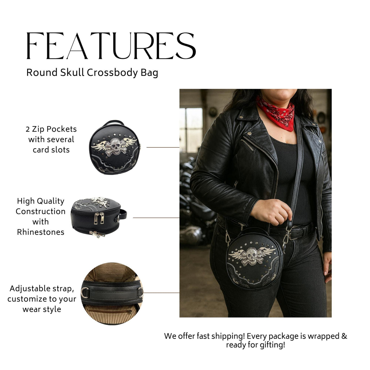Gothic Skull Crossbody Purse with Rhinestones and Studded Detail
