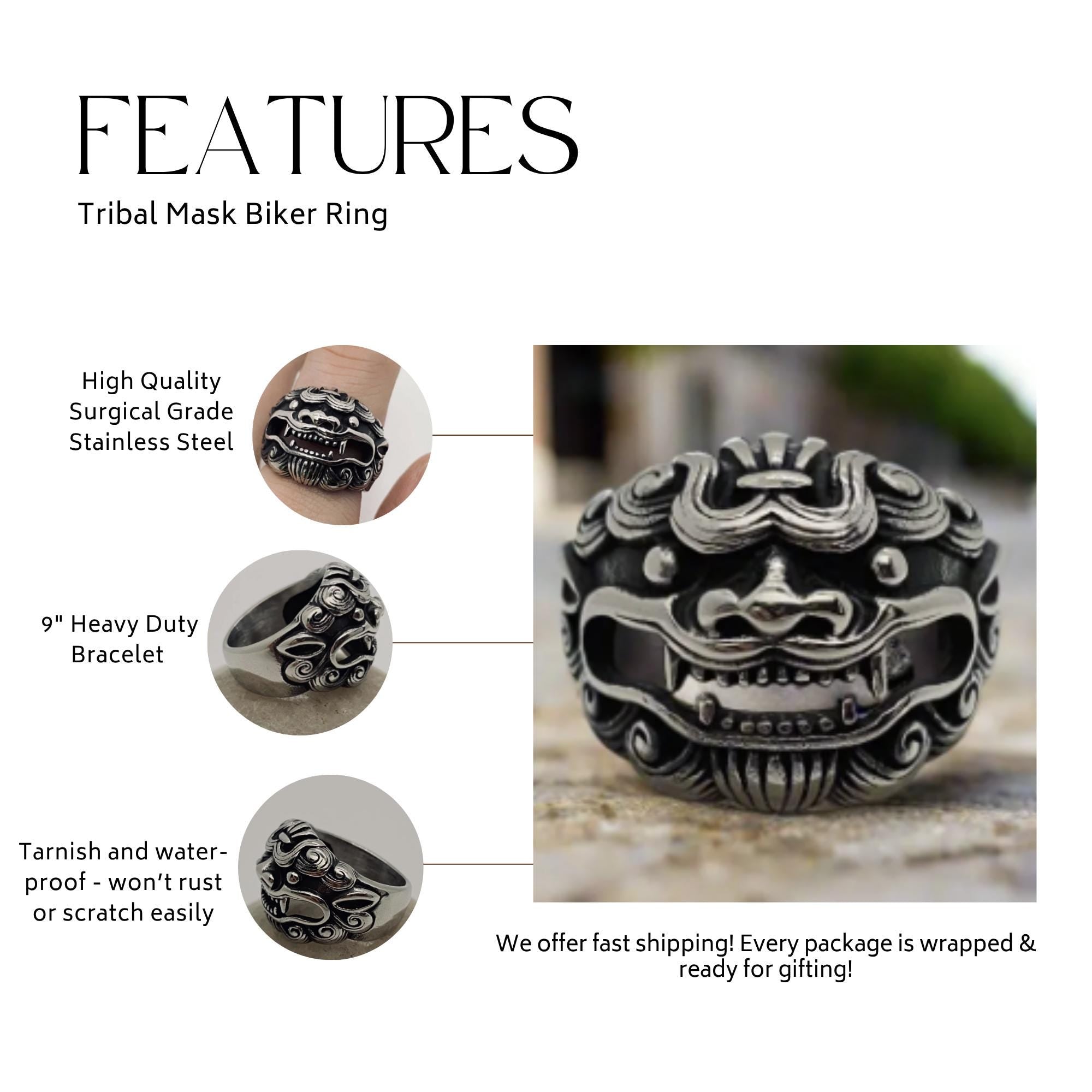 Tribal Mask Stainless Steel Biker Ring: Edgy Men’s Gothic Jewelry Gift