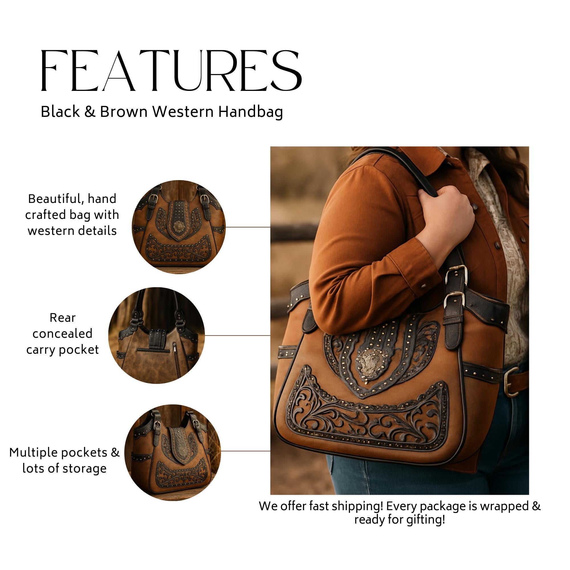 Brown & Black Western Handbag: Handmade Everyday Cowgirl Purse with Buckle and Dual Straps