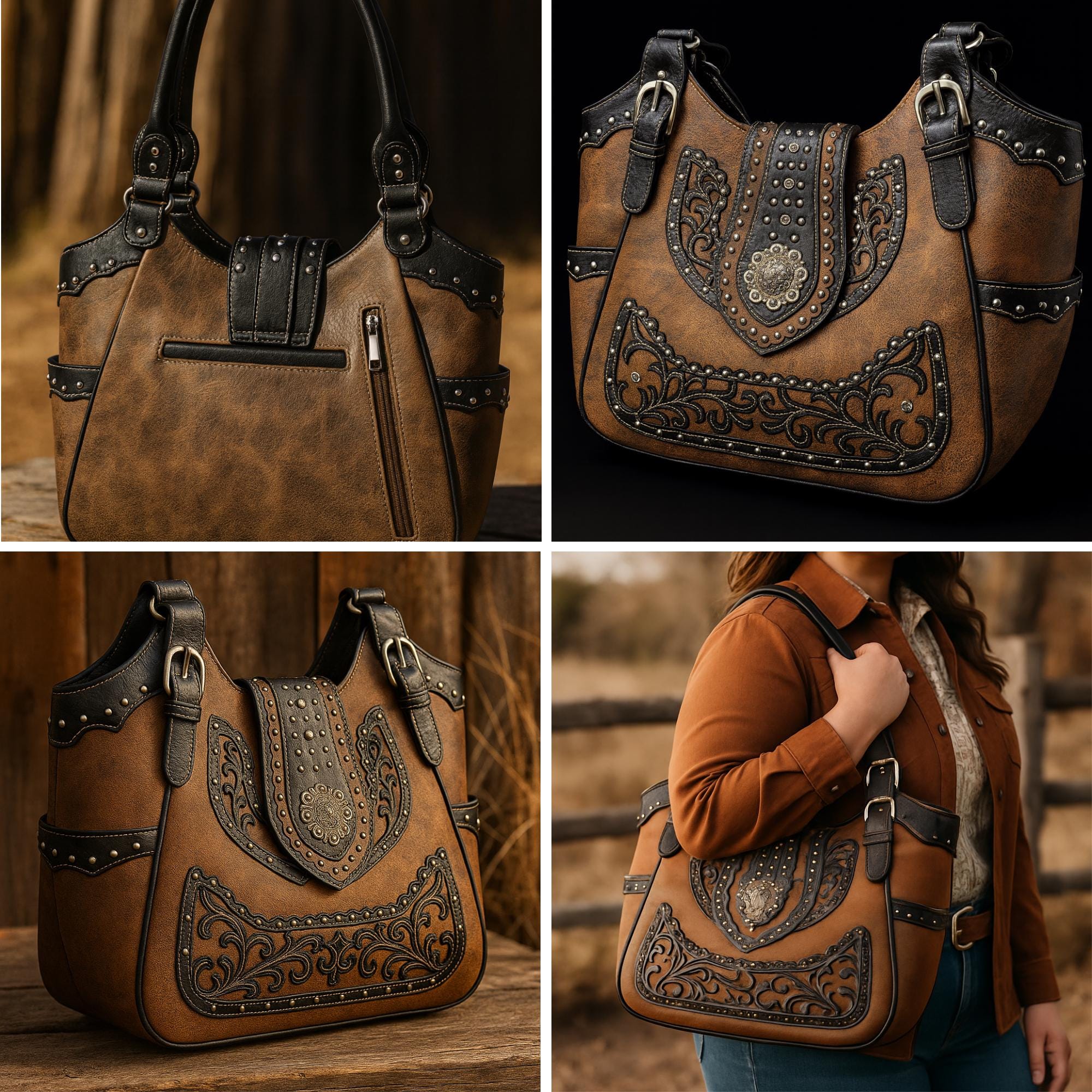 Brown & Black Western Handbag: Handmade Everyday Cowgirl Purse with Buckle and Dual Straps