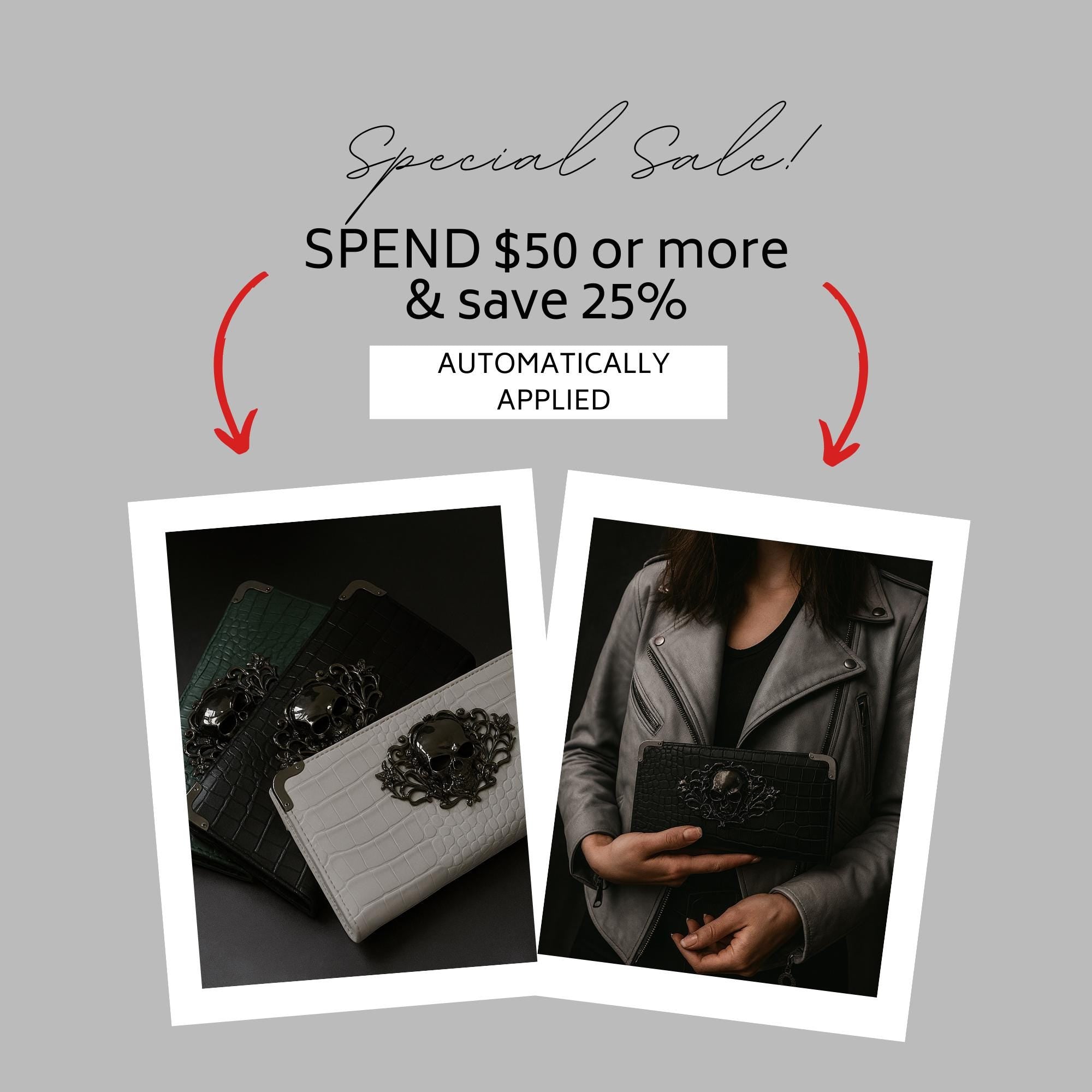 Goth Faux Leather Wallet with Skull Hardware: Compact Accordion Card Holder