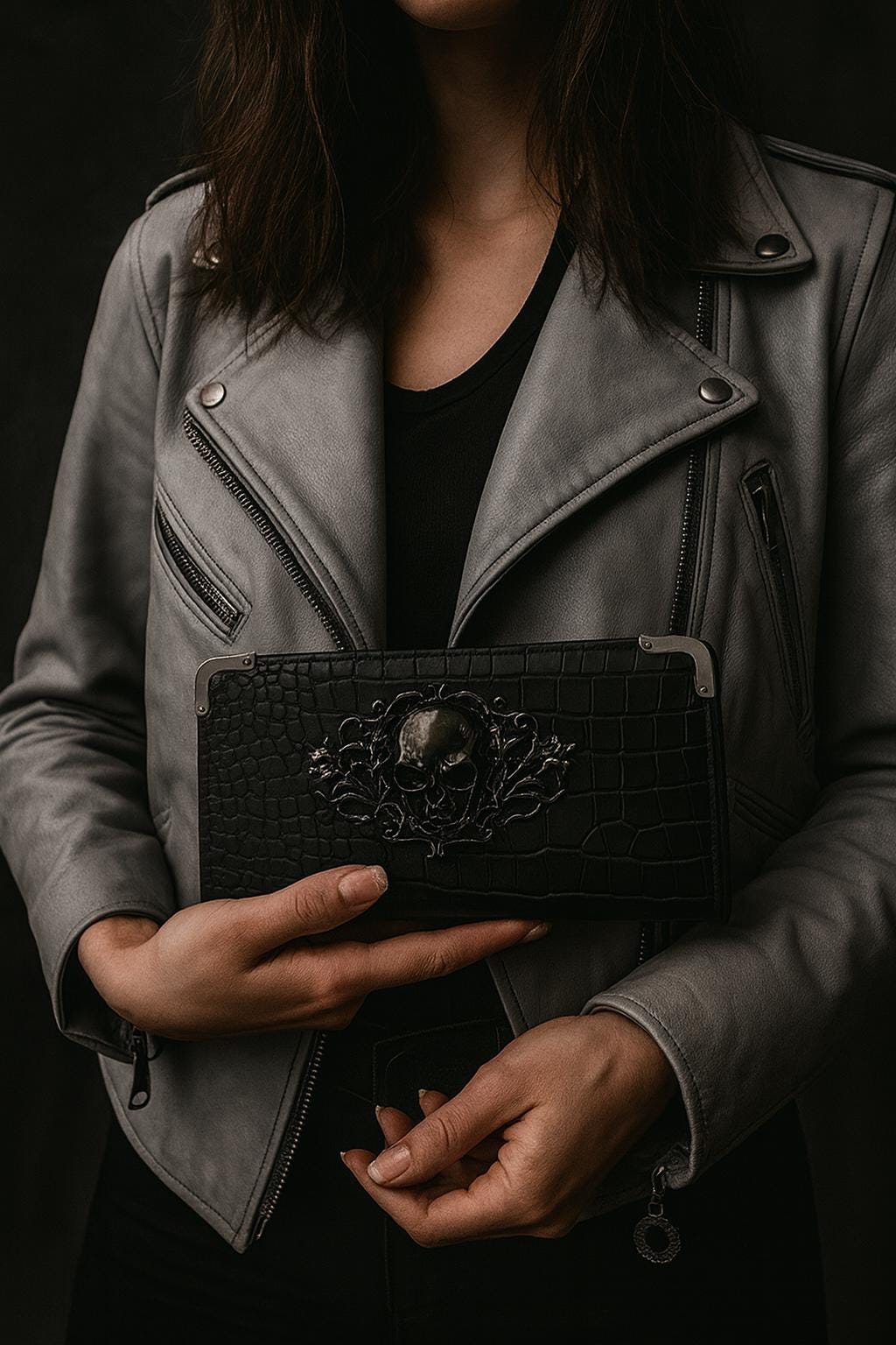 Goth Faux Leather Wallet with Skull Hardware: Compact Accordion Card Holder