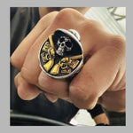 Stainless Steel Biker Skull Ring with 18K Gold Detail, Men’s Statement Ring