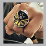 Stainless Steel Biker Skull Ring with 18K Gold Detail, Men’s Statement Ring
