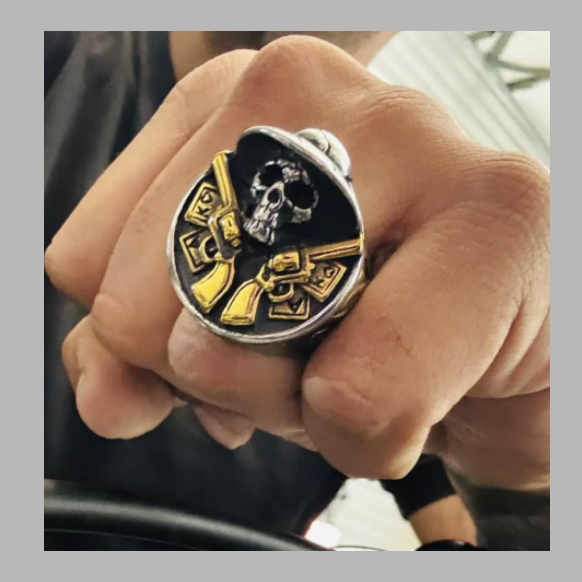 Stainless Steel Biker Skull Ring with 18K Gold Detail, Men’s Statement Ring