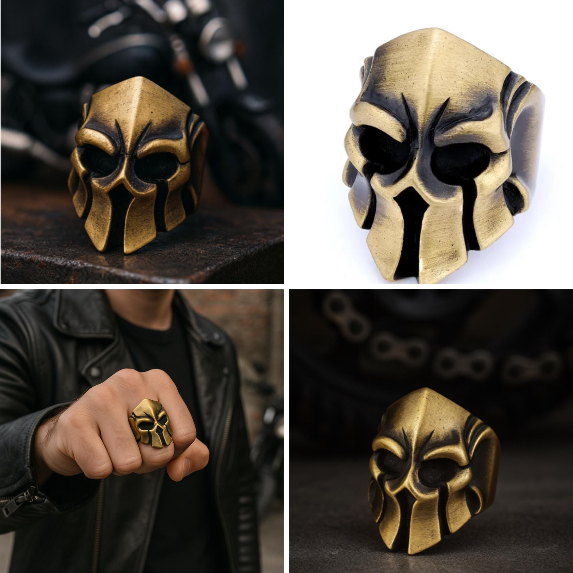 Stainless Steel Biker Skull Ring: Antique Brass Warrior Helmet Design