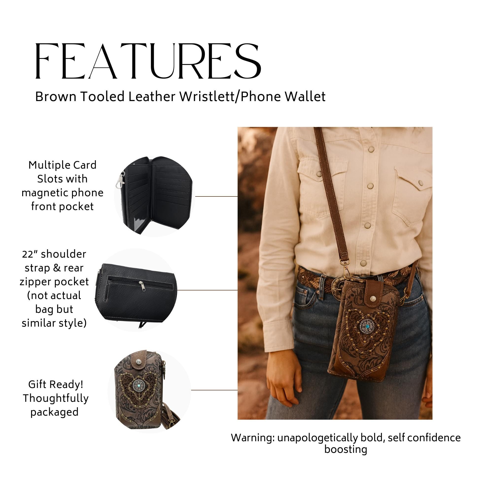 Brown Tooled Leather Crossbody Bag with Turquoise Stone Accent