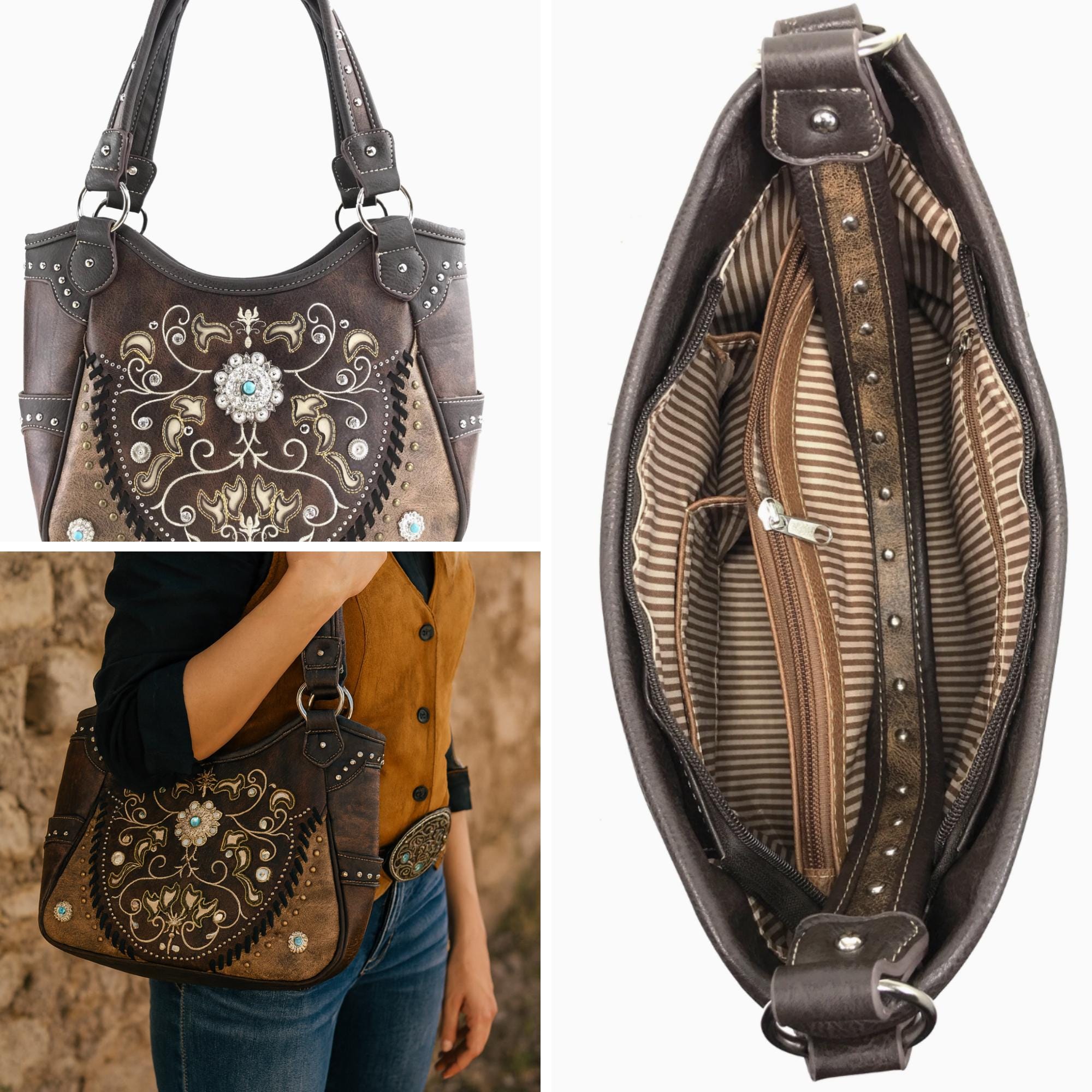 Western Embroidered Shoulder Bag with Turquoise Concho, Faux Leather Boho Purse for Everyday Use