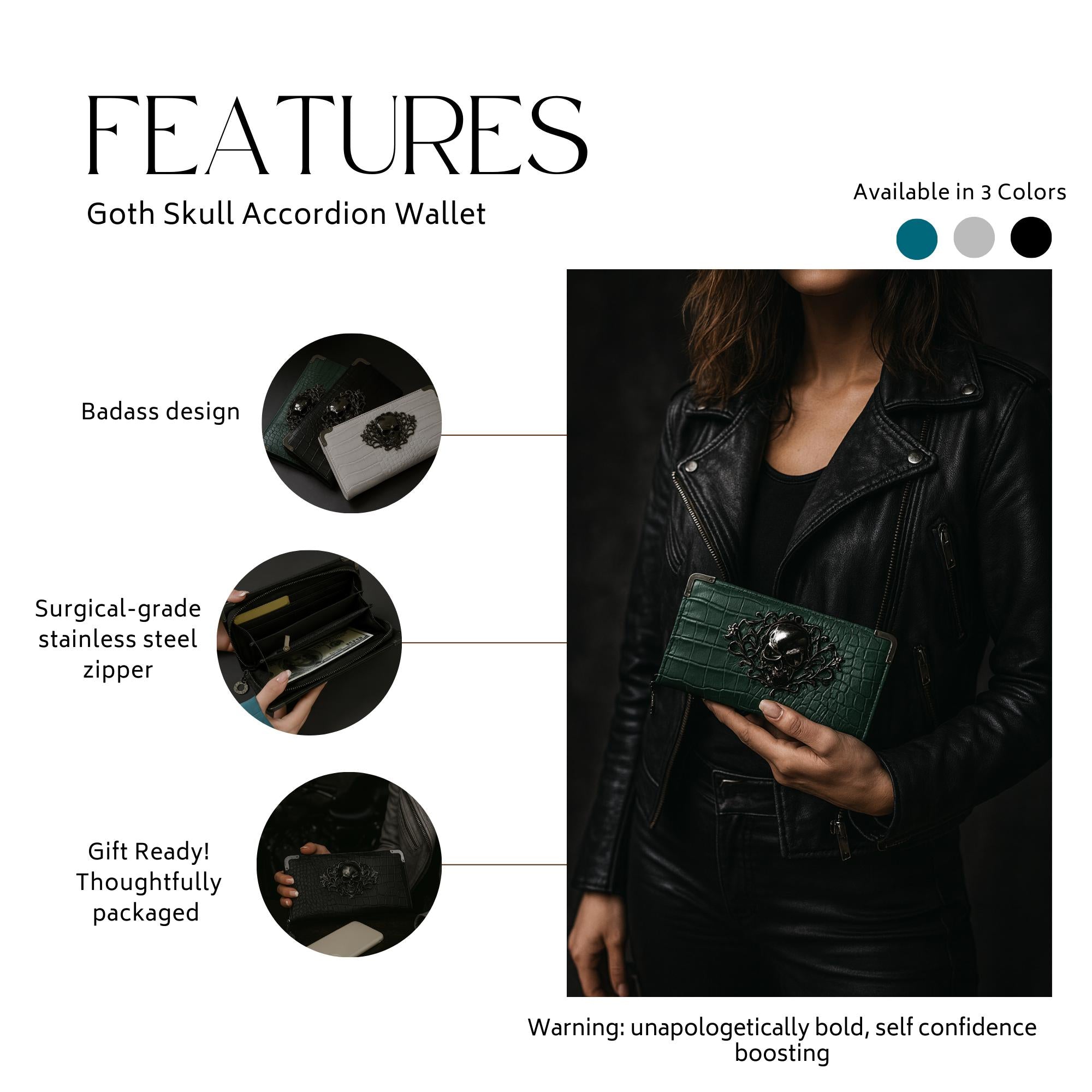 Goth Faux Leather Wallet with Skull Hardware: Compact Accordion Card Holder