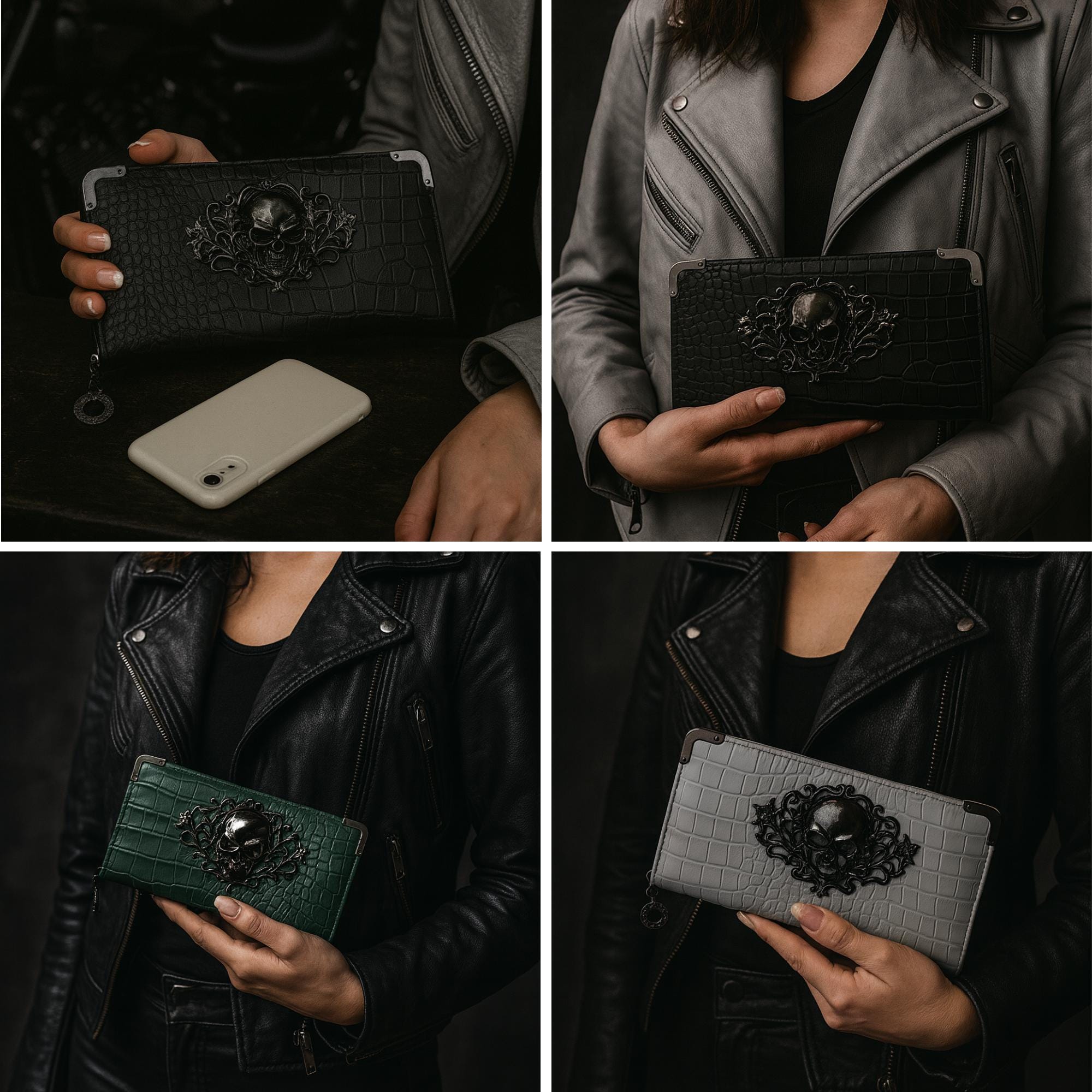 Goth Faux Leather Wallet with Skull Hardware: Compact Accordion Card Holder