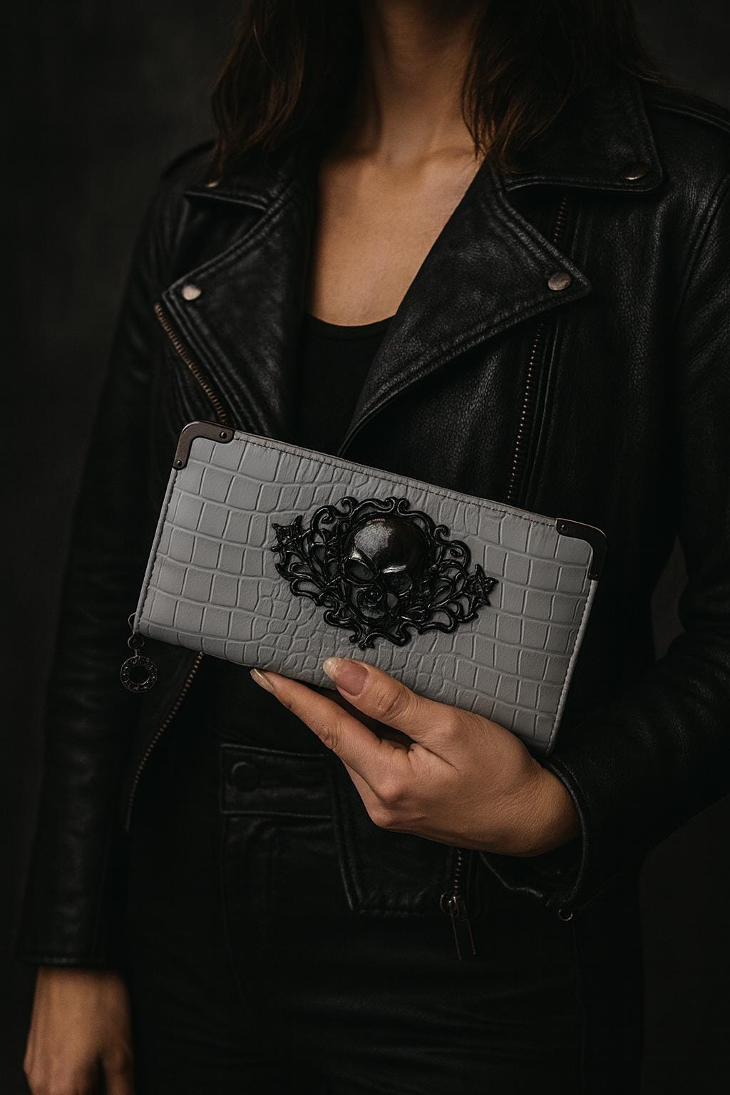 Goth Faux Leather Wallet with Skull Hardware: Compact Accordion Card Holder