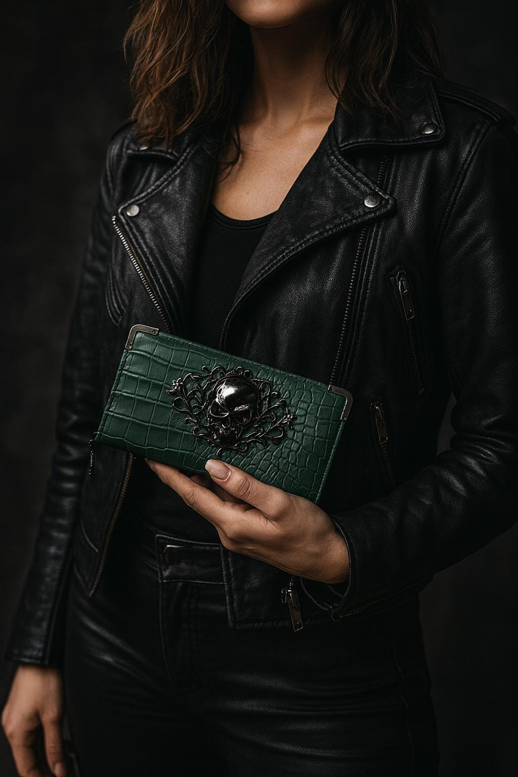 Goth Faux Leather Wallet with Skull Hardware: Compact Accordion Card Holder