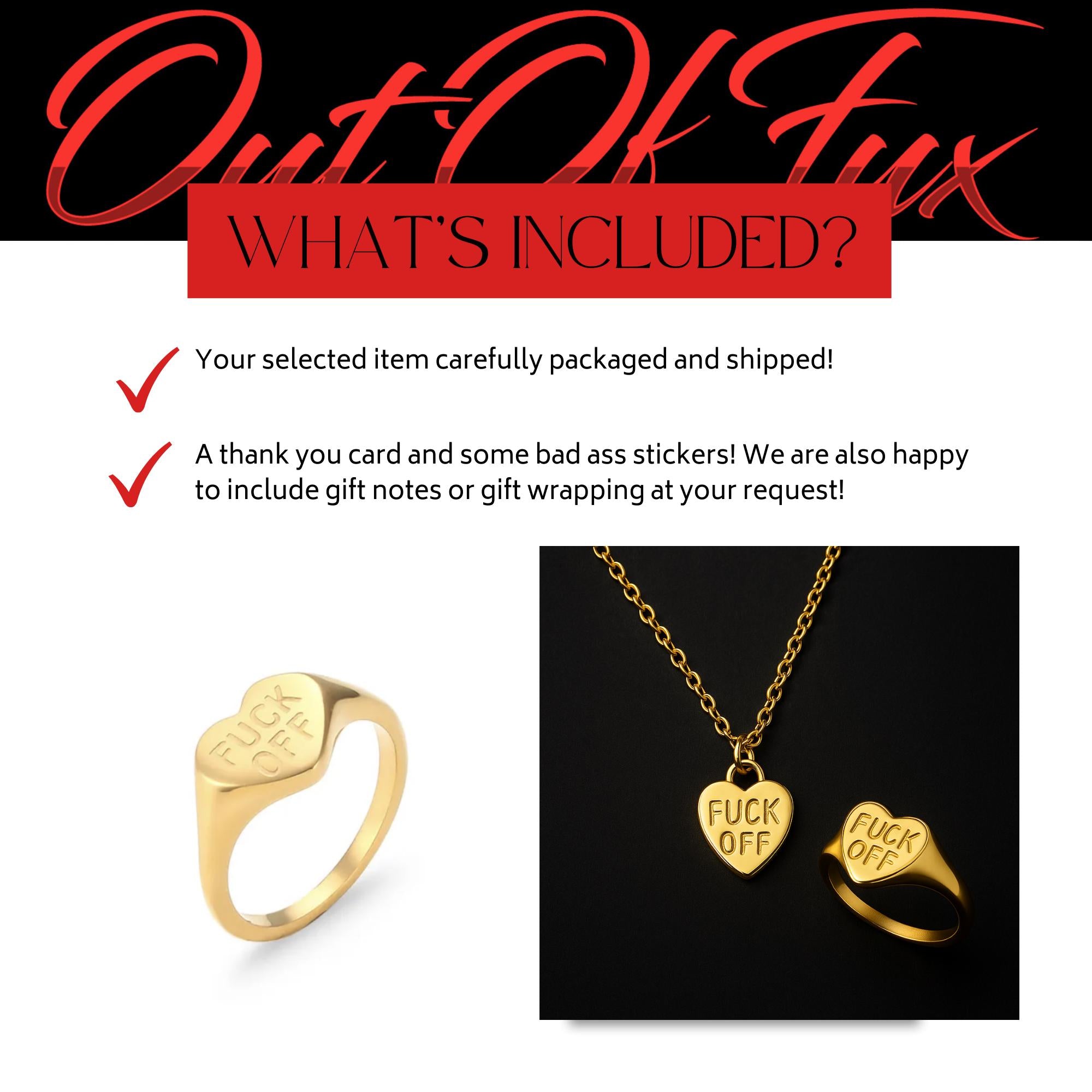Gold Fuck Off Jewelry Set: Stainless Steel Necklace and Ring Bundle