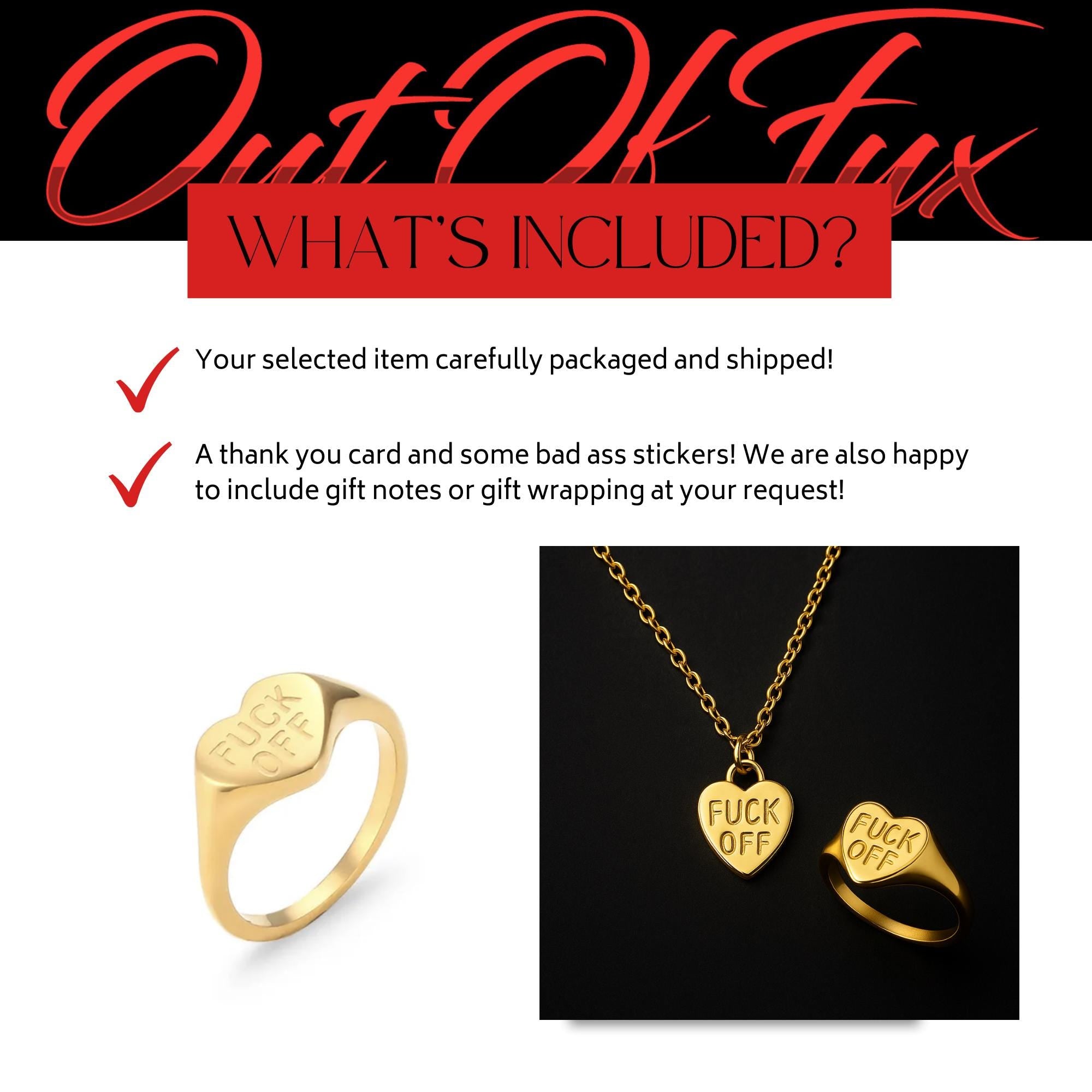 Gold Fuck Off Jewelry Set: Stainless Steel Necklace and Ring Bundle